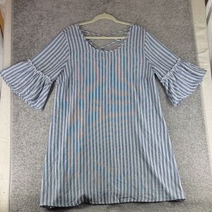 Naif Short Sleeve Above Knee Midi Dress Striped Ruffle Blue Womens L